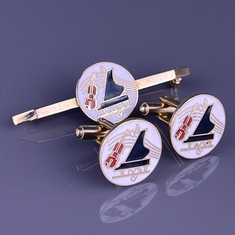 Piano Violin Cello Music Cufflinks Tie Bar Pin Gold Tone Orchestra Band Vintage